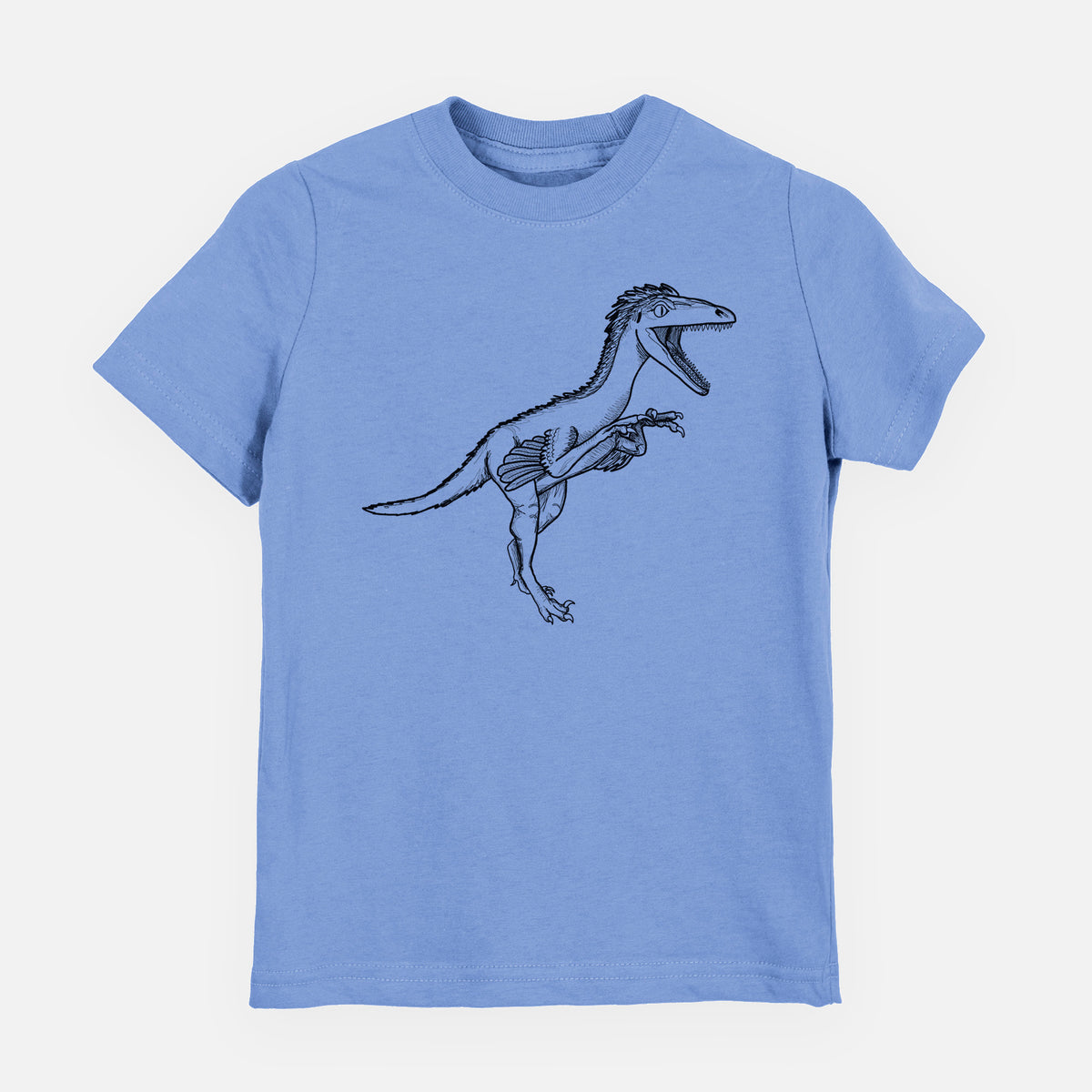 Carolina blue youth t-shirt laid flat, printed with a black ink illustration of a Troodon dinosaur running.