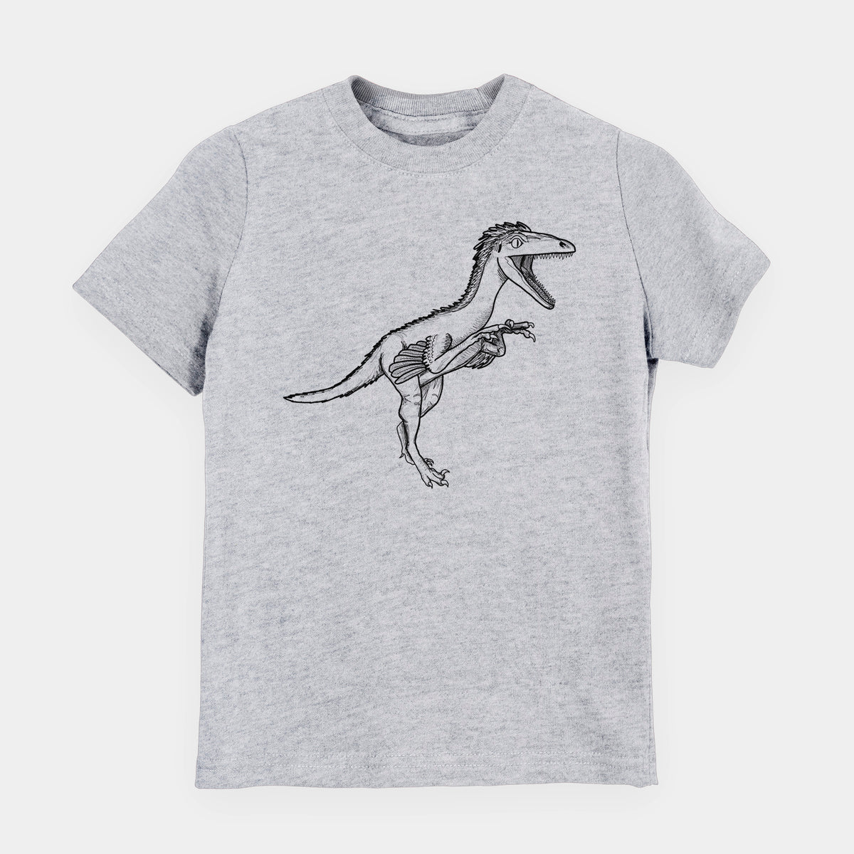 Heather grey youth t-shirt laid flat, printed with a black ink illustration of a Troodon dinosaur running.