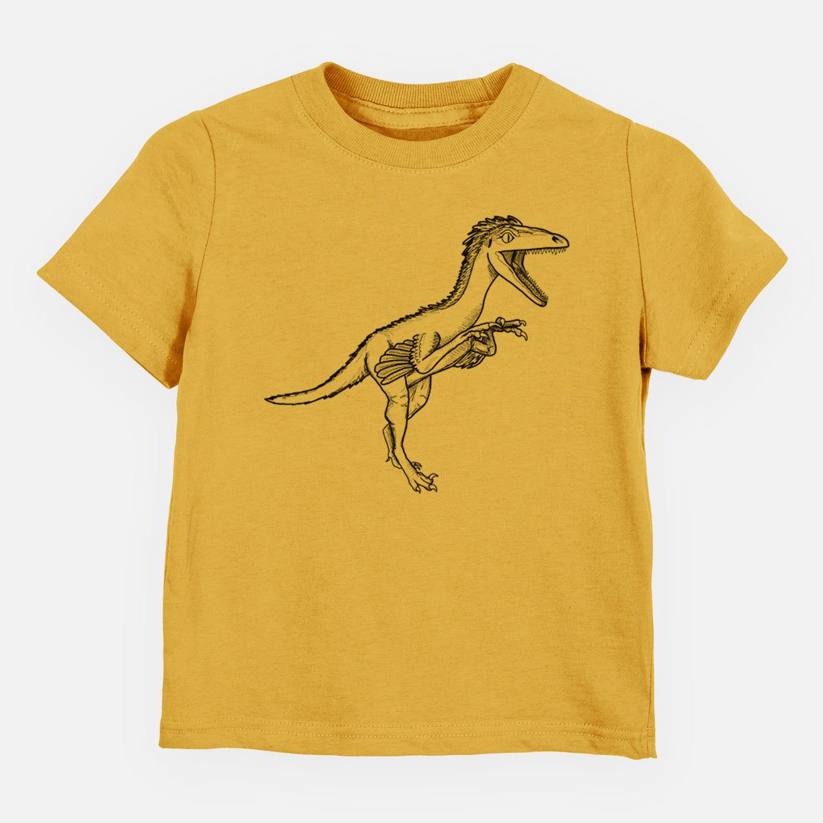 Honeycomb yellow toddler t-shirt laid flat, printed with a black ink illustration of a Troodon dinosaur running.