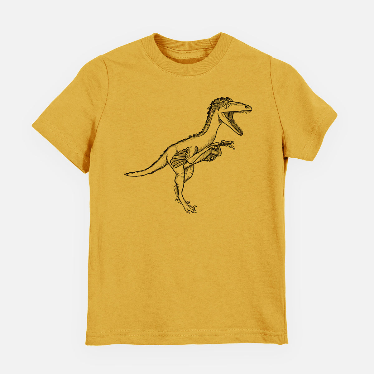 Honeycomb yellow youth t-shirt laid flat, printed with a black ink illustration of a Troodon dinosaur running.