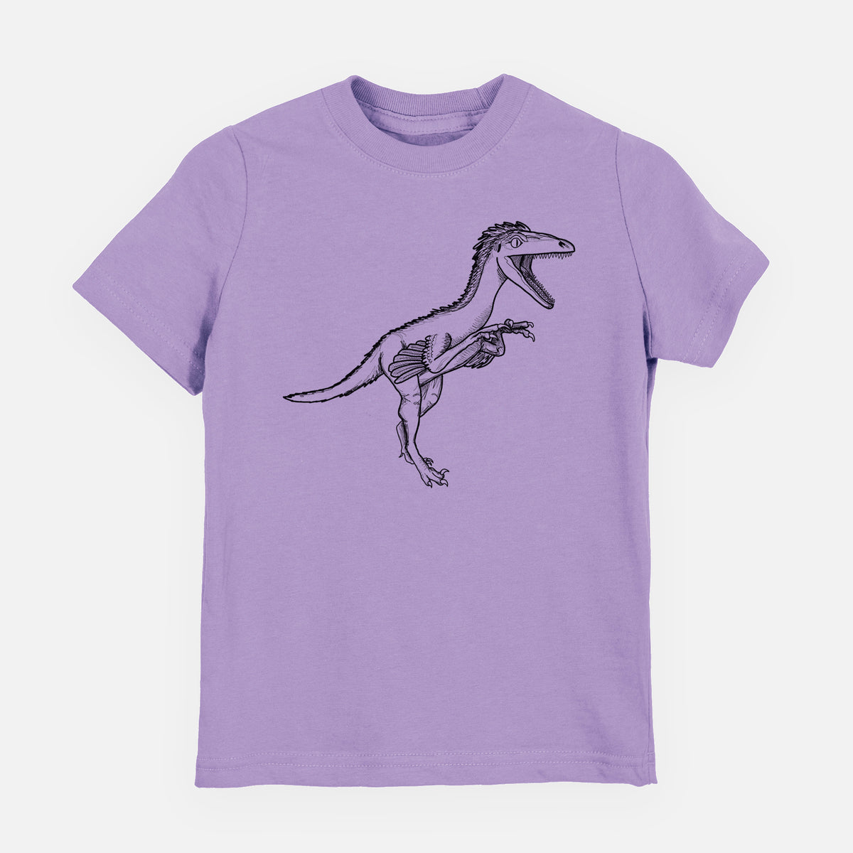 Lavender youth t-shirt laid flat, printed with a black ink illustration of a Troodon dinosaur running.