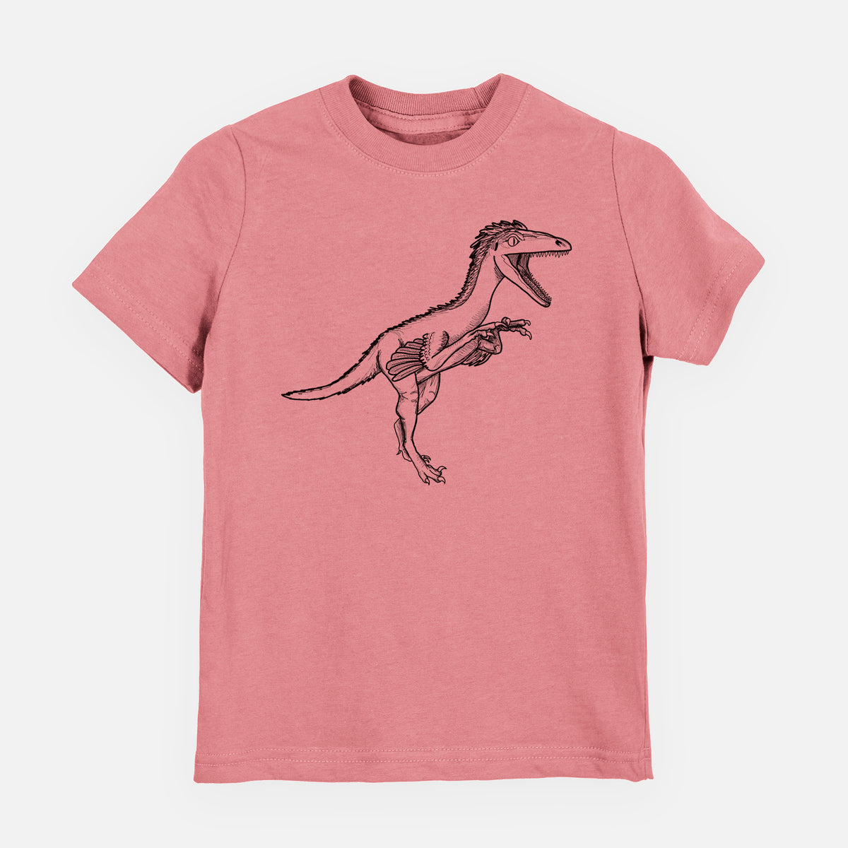 Mauve pink youth t-shirt laid flat, printed with a black ink illustration of a Troodon dinosaur running.