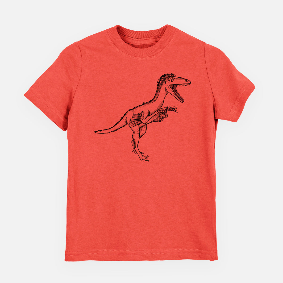 Passionfruit pink youth t-shirt laid flat, printed with a black ink illustration of a Troodon dinosaur running.