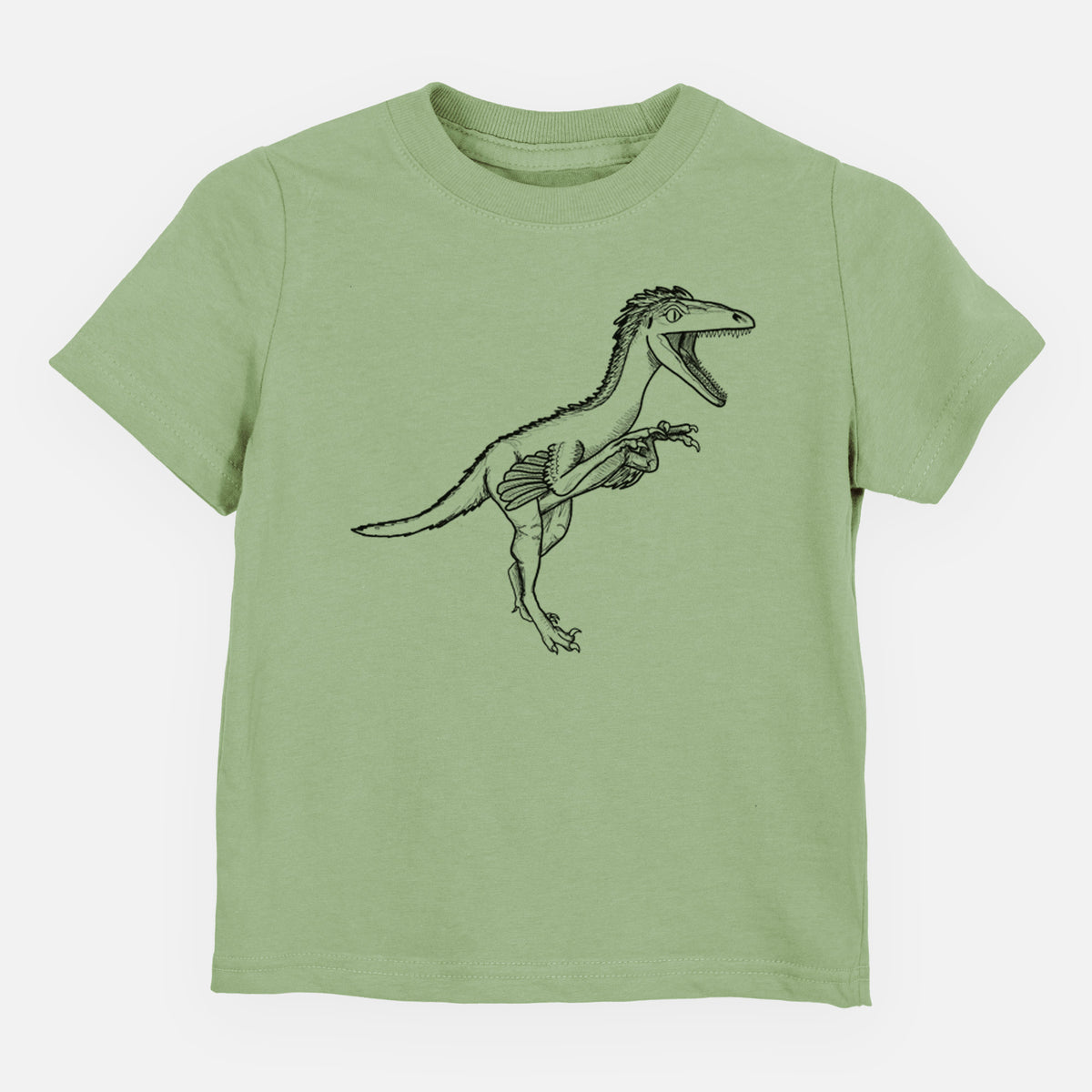 Sage green toddler t-shirt laid flat, printed with a black ink illustration of a Troodon dinosaur running.
