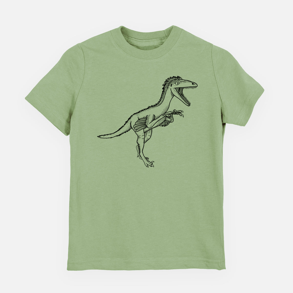 Sage green youth t-shirt laid flat, printed with a black ink illustration of a Troodon dinosaur running.