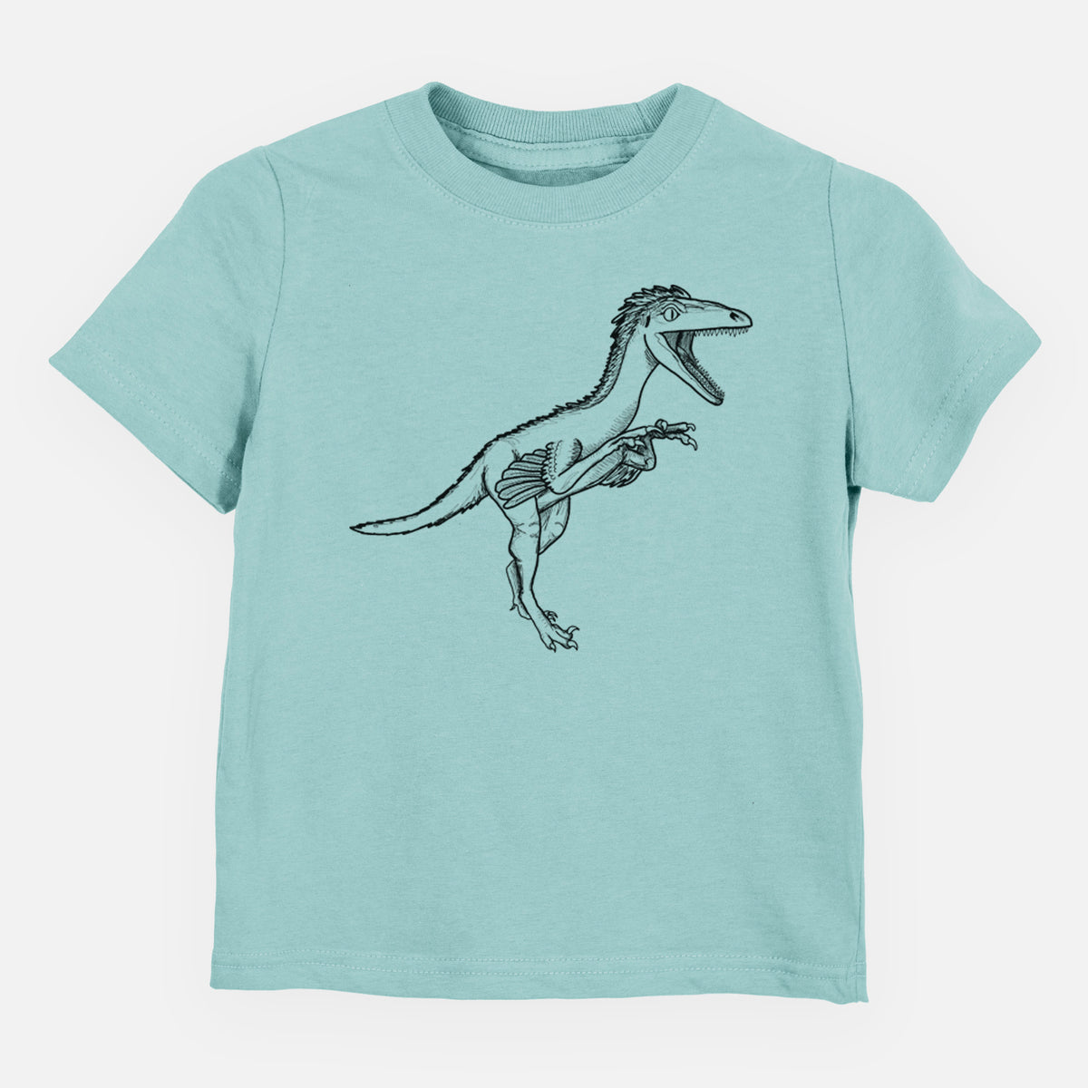 Saltwater toddler t-shirt laid flat, printed with a black ink illustration of a Troodon dinosaur running.