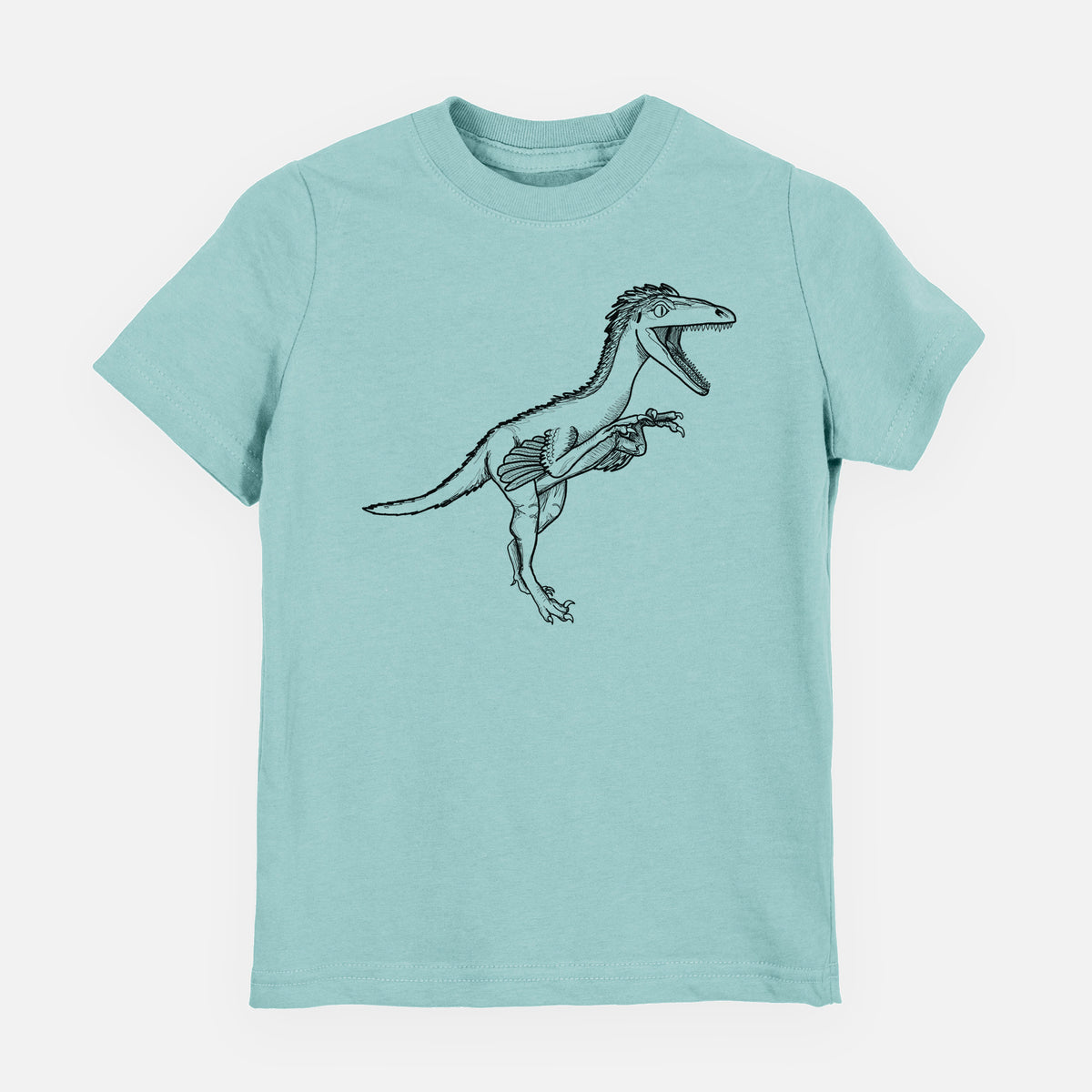 Saltwater youth t-shirt laid flat, printed with a black ink illustration of a Troodon dinosaur running.