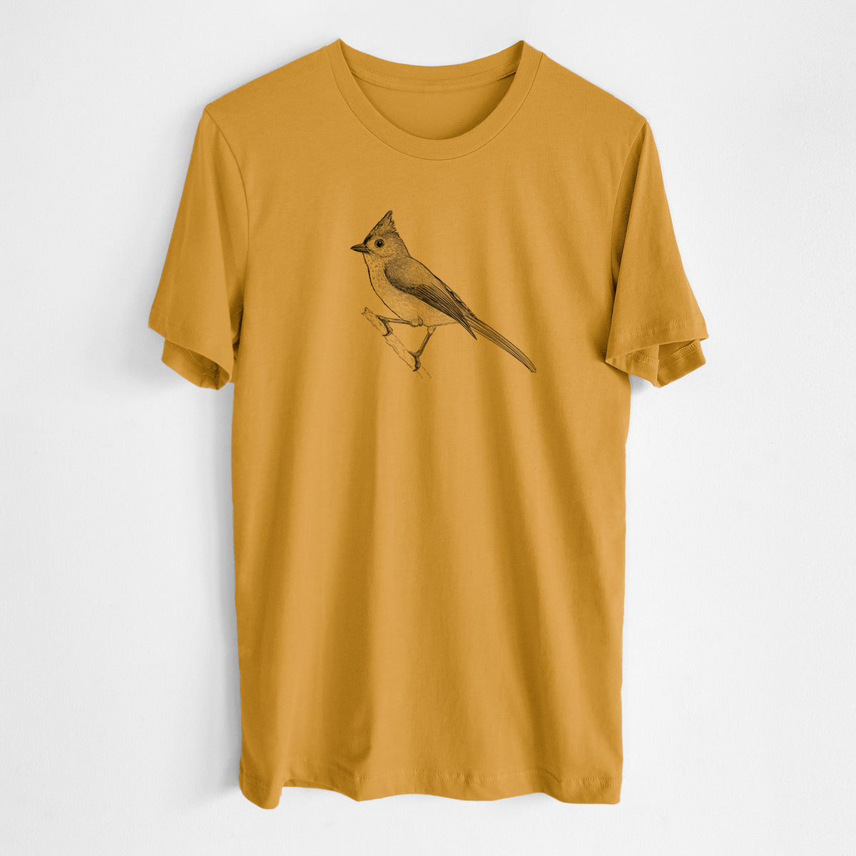Honeycomb yellow lightweight cotton t-shirt laid flat, printed with a detailed black ink sketch of a tufted titmouse perched on a branch.