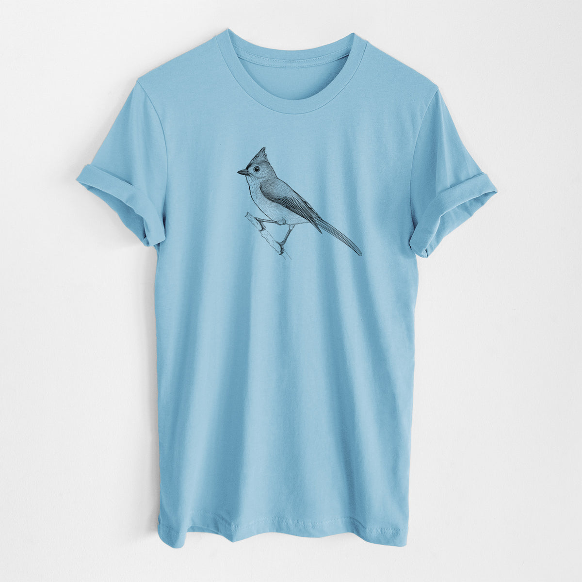 Ocean blue lightweight cotton t-shirt laid flat, printed with a detailed black ink sketch of a tufted titmouse perched on a branch.