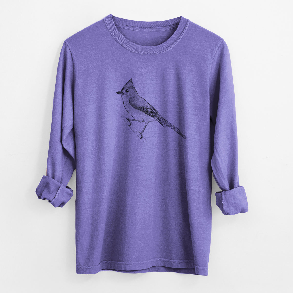 Violet purple Comfort Colors long sleeve shirt laid flat with the cuffs rolled, printed with a detailed black ink sketch of a tufted titmouse perched on a branch.
