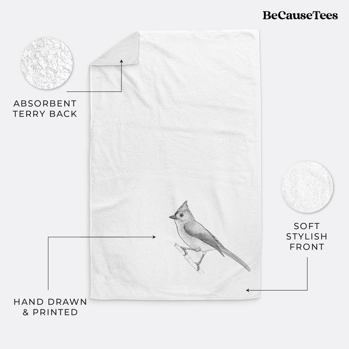White hand towel printed with a detailed black ink sketch of a tufted titmouse perched on a branch.