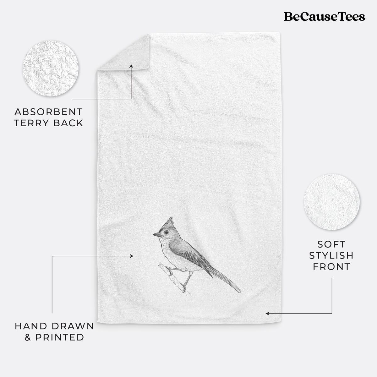 White hand towel printed with a detailed black ink sketch of a tufted titmouse perched on a branch.