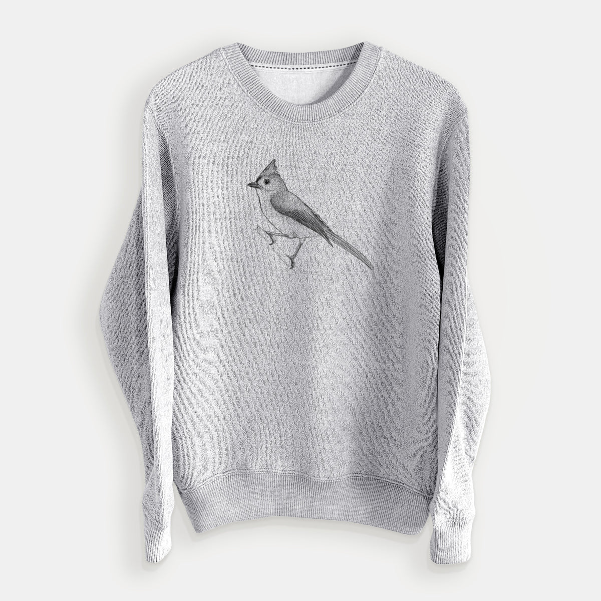 Salt and pepper knit sweatshirt laid flat, printed with a detailed black ink sketch of a tufted titmouse perched on a branch.