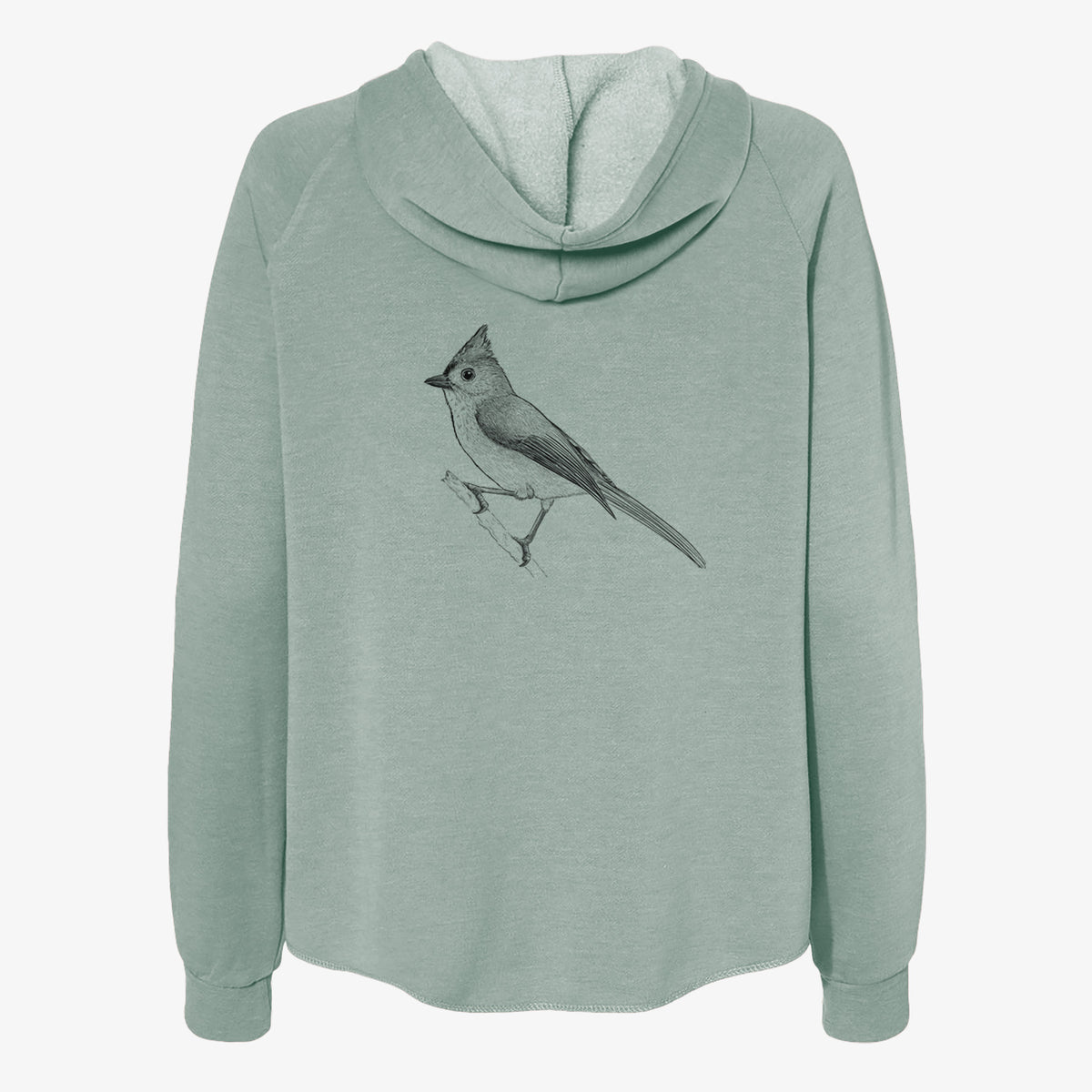 Sage green women's Cali Wave zip-up sweatshirt laid flat, printed with a detailed black ink sketch of a tufted titmouse perched on a branch.