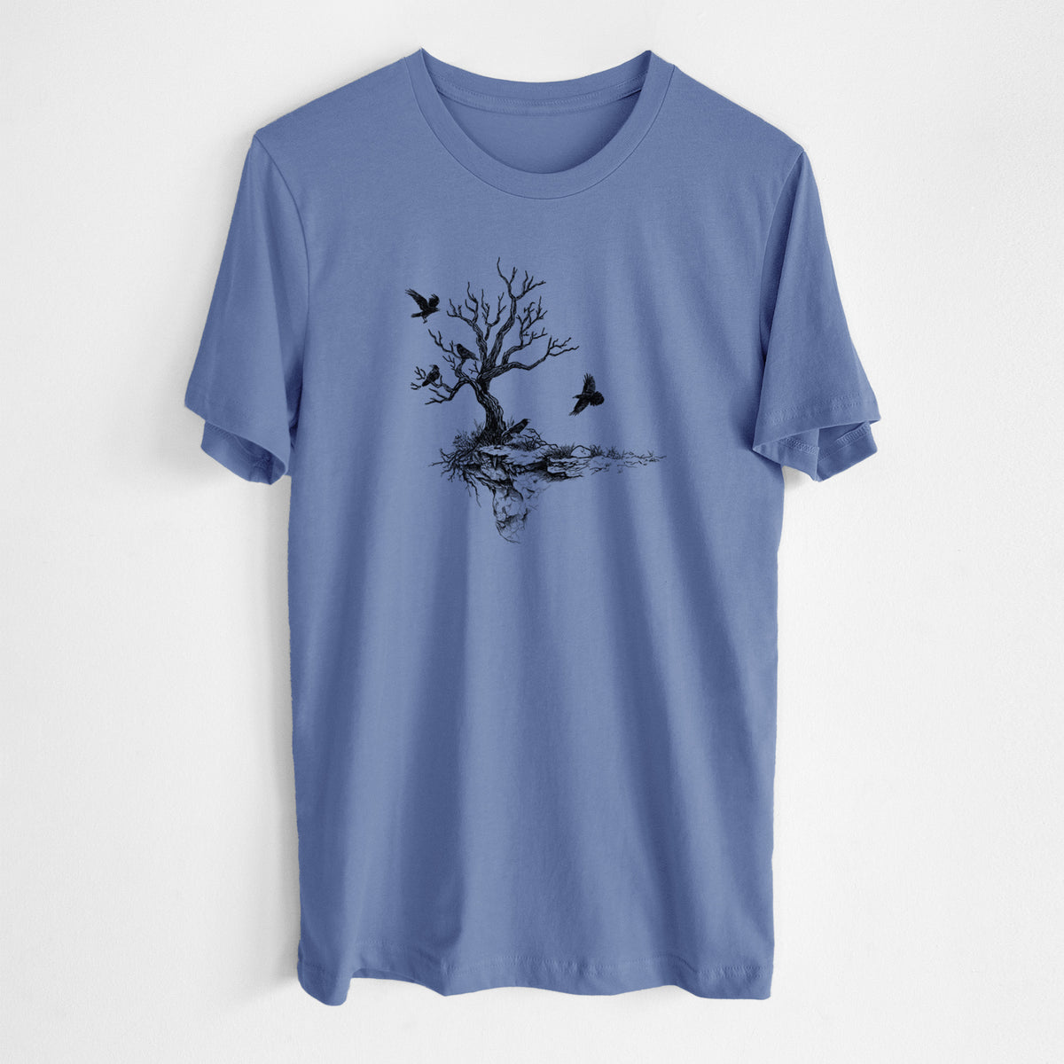 Blue bell lightweight cotton t-shirt laid flat, printed with a black ink illustration of a bare twisted tree on a small island with ravens flying around it.
