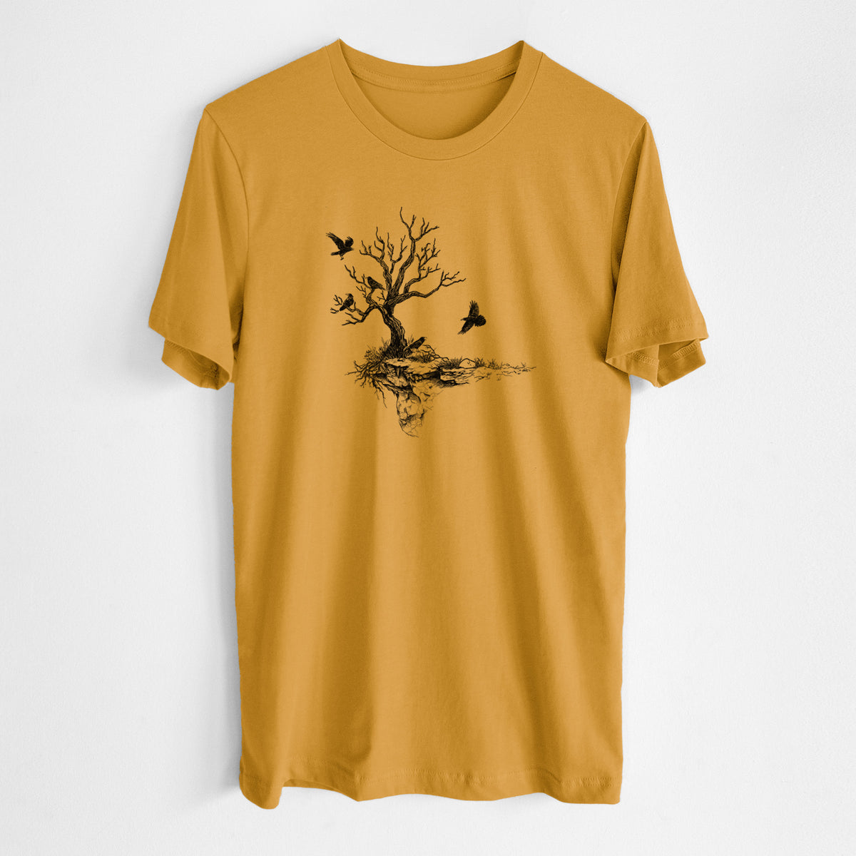 Honeycomb yellow lightweight cotton t-shirt laid flat, printed with a black ink illustration of a bare twisted tree on a small island with ravens flying around it.