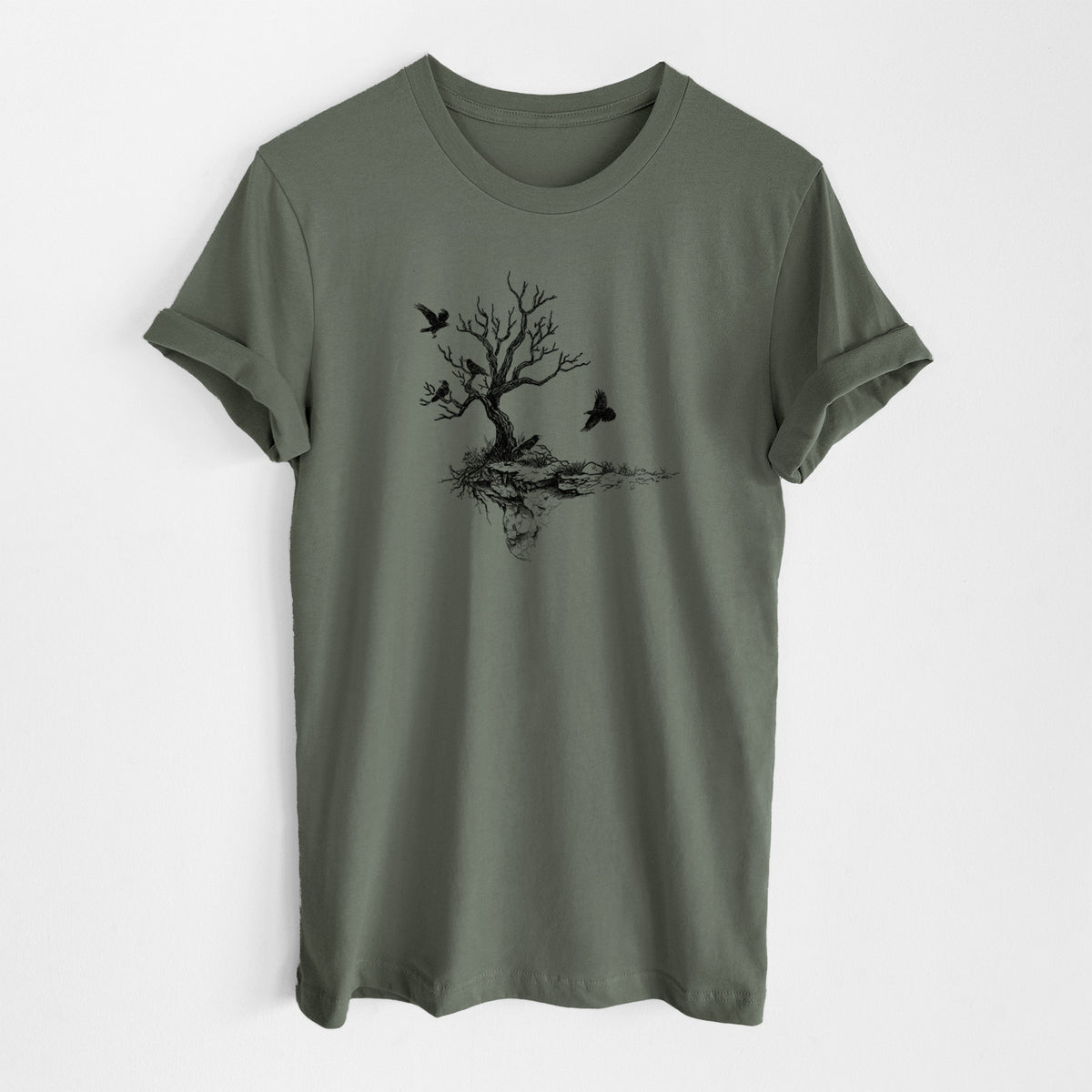Military green lightweight cotton t-shirt laid flat, printed with a black ink illustration of a bare twisted tree on a small island with ravens flying around it.
