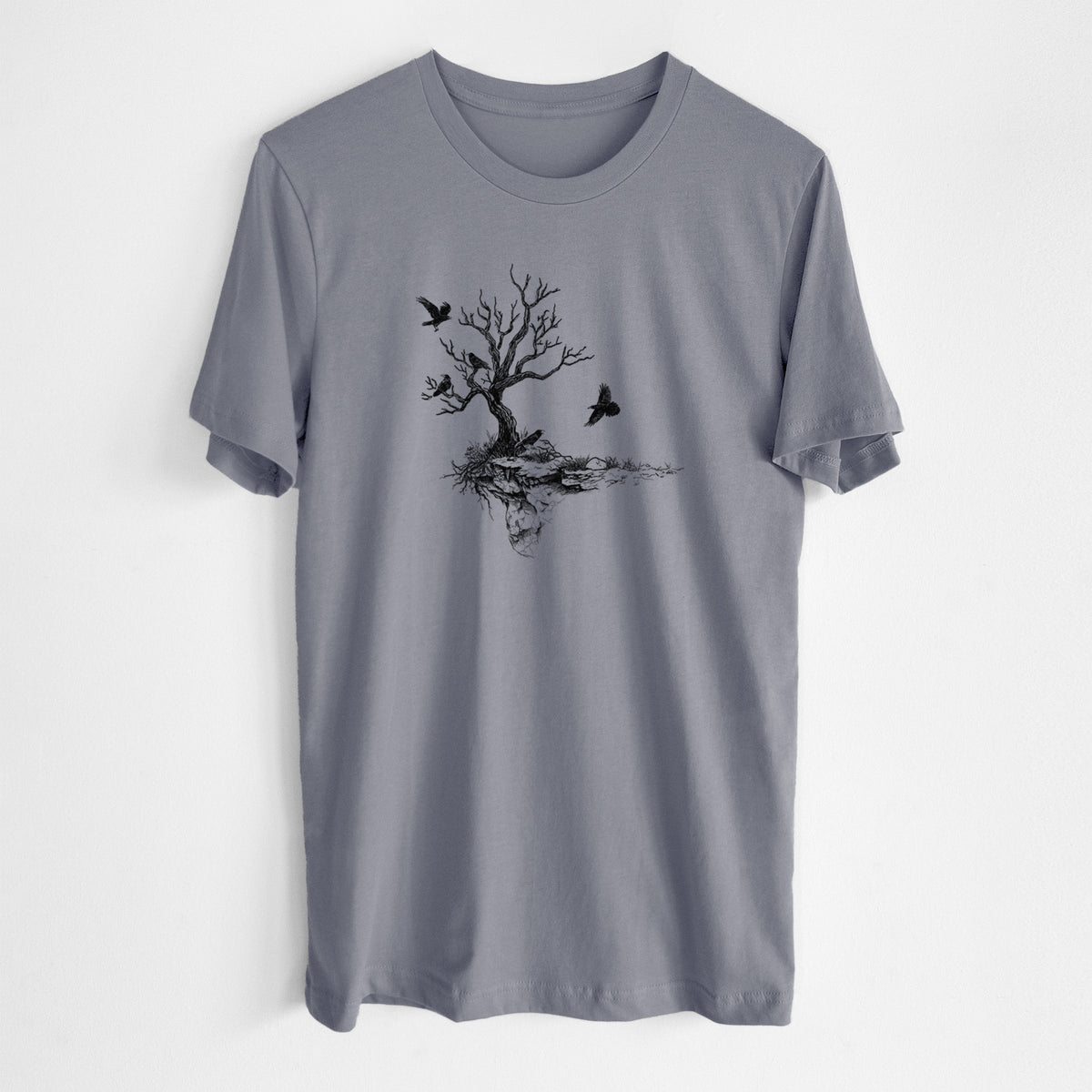 Storm grey lightweight cotton t-shirt laid flat, printed with a black ink illustration of a bare twisted tree on a small island with ravens flying around it.