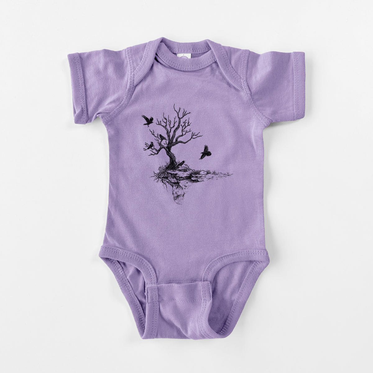 Lavender baby bodysuit laid flat, printed with a black ink illustration of a bare twisted tree on a small island with ravens flying around it.