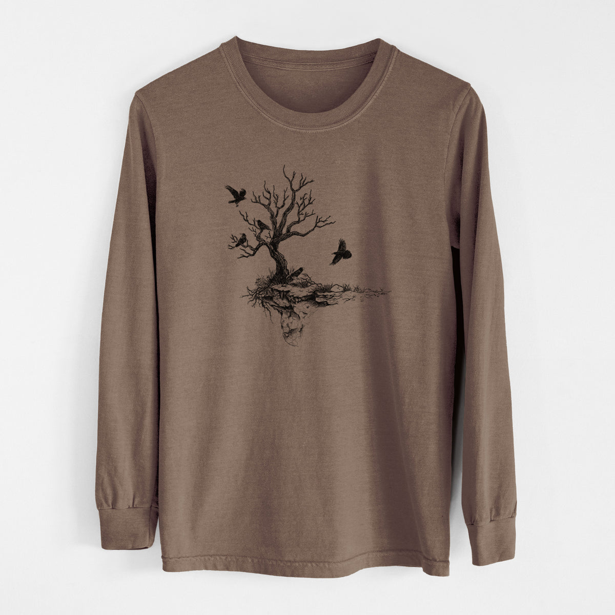Espresso brown Comfort Colors long sleeve shirt laid flat, printed with a black ink illustration of a bare twisted tree on a small island with ravens flying around it.