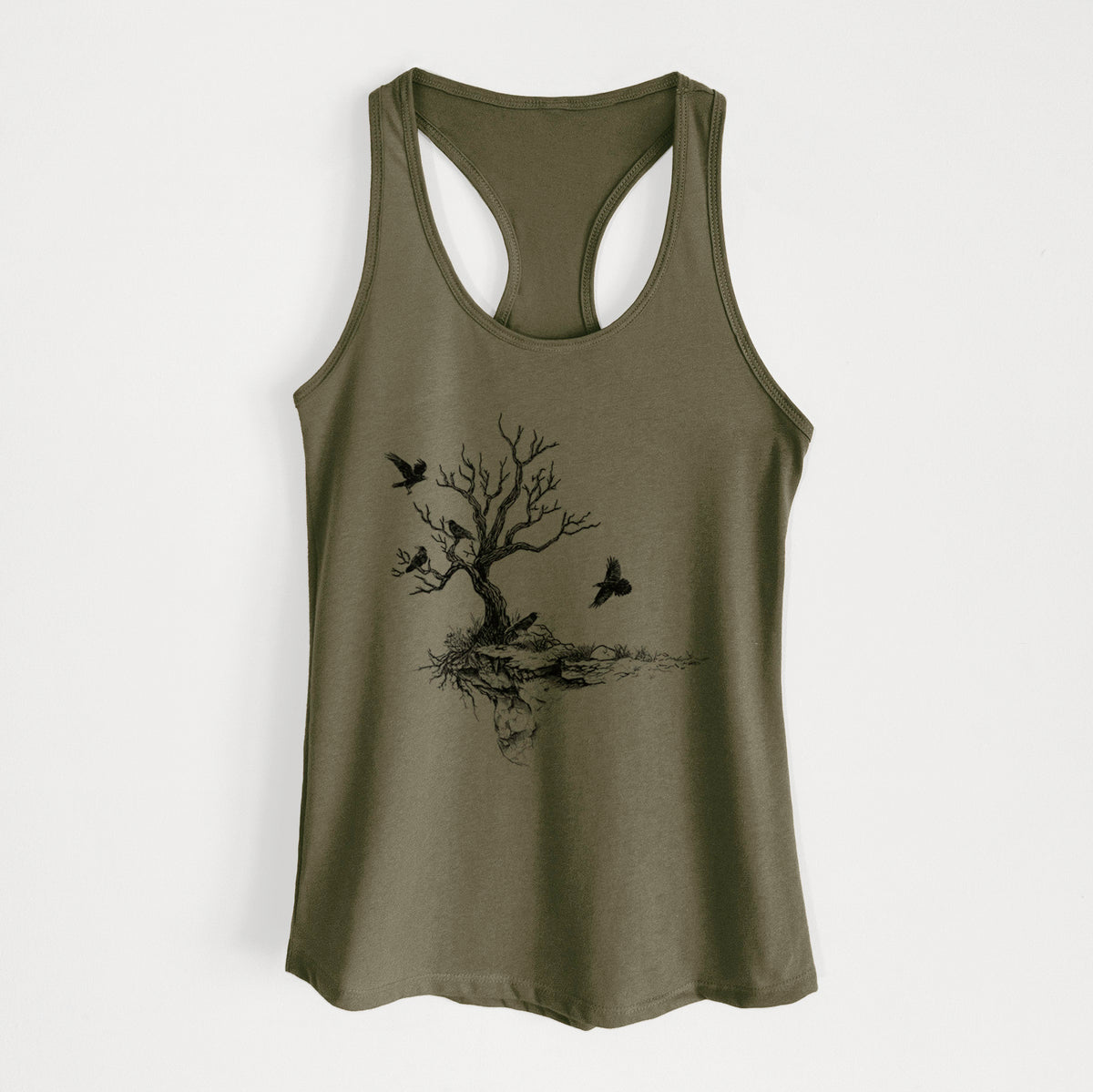 Military green women's racerback tank top laid flat, printed with a black ink illustration of a bare twisted tree on a small island with ravens flying around it.