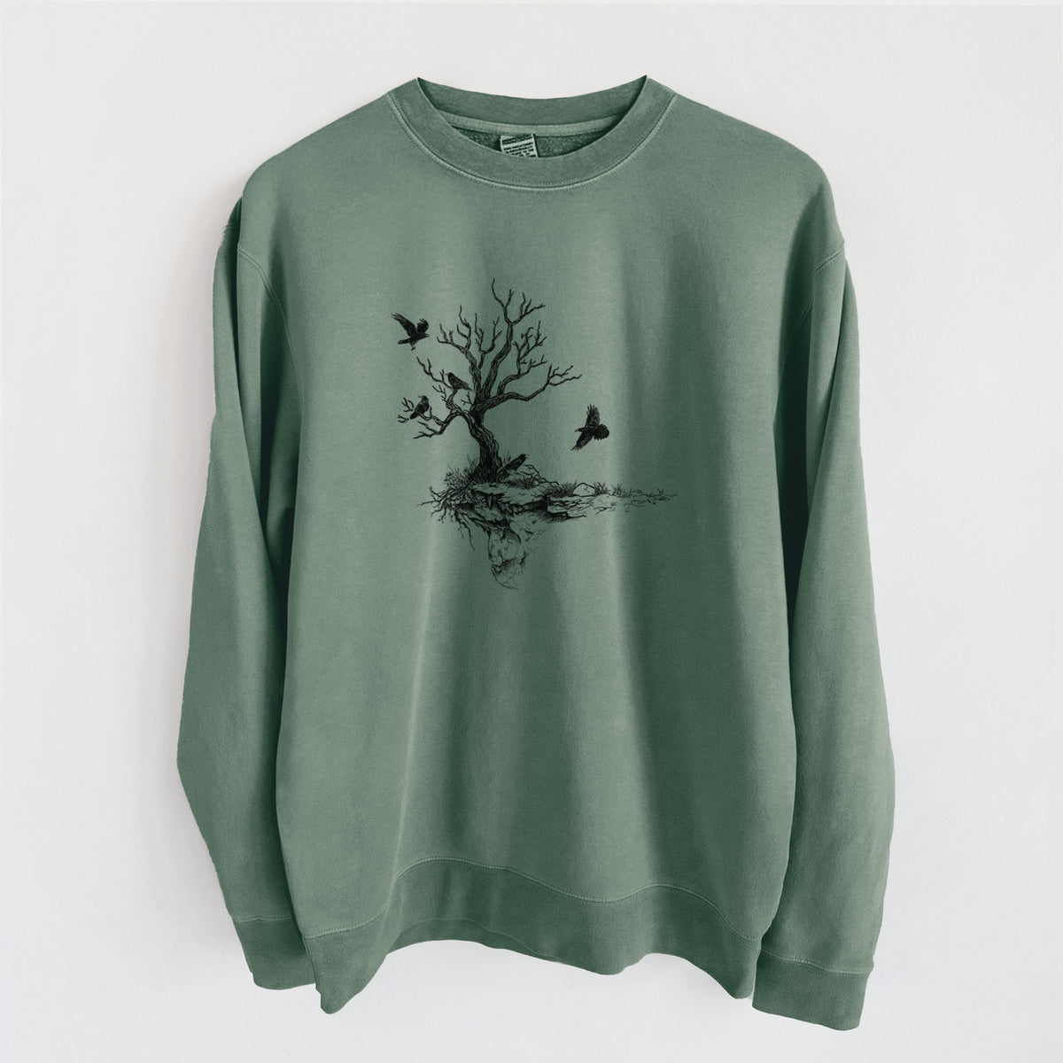Twisted Tree with Ravens - Unisex Pigment Dyed Crew Sweatshirt in Alpine Green