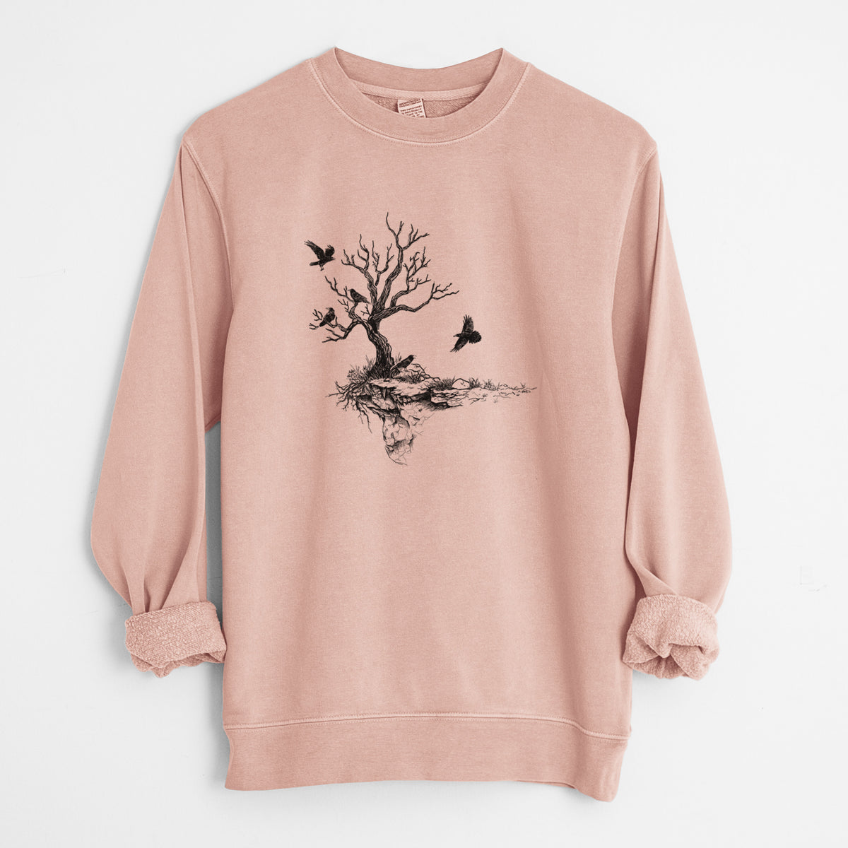 Twisted Tree with Ravens - Unisex Pigment Dyed Crew Sweatshirt in Dusty Pink