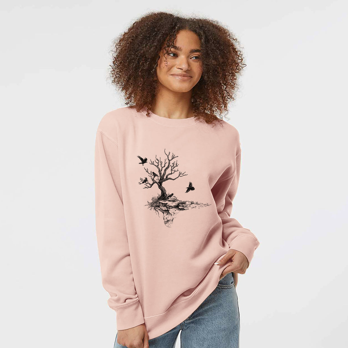 Twisted Tree with Ravens - Unisex Pigment Dyed Crew Sweatshirt in Dusty Pink