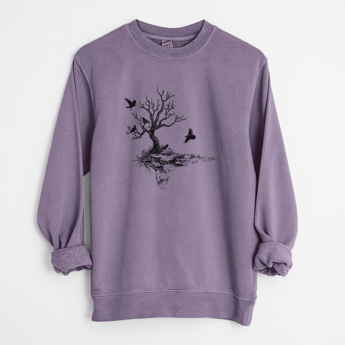 Twisted Tree with Ravens - Unisex Pigment Dyed Crew Sweatshirt in Plum