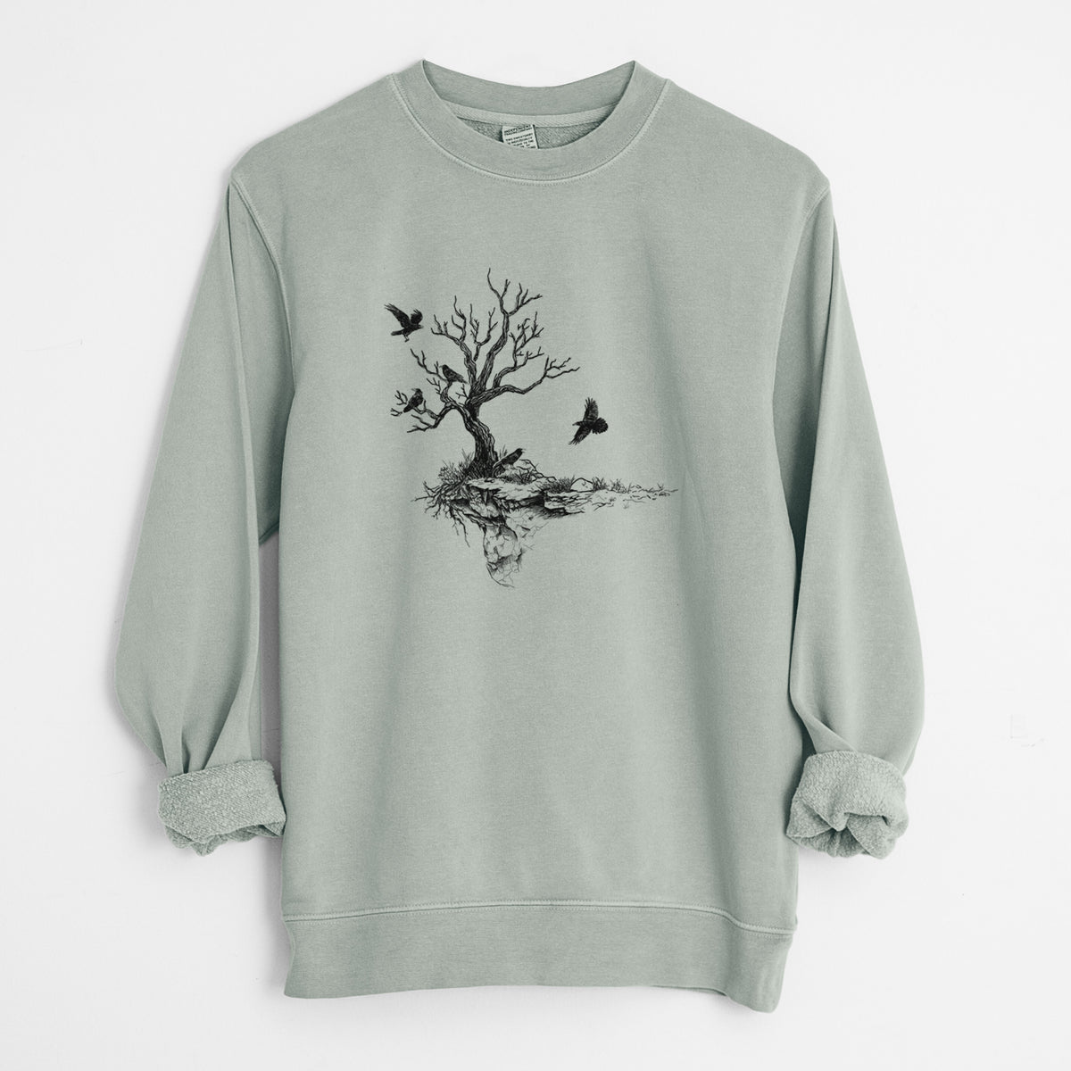 Twisted Tree with Ravens - Unisex Pigment Dyed Crew Sweatshirt in Sage