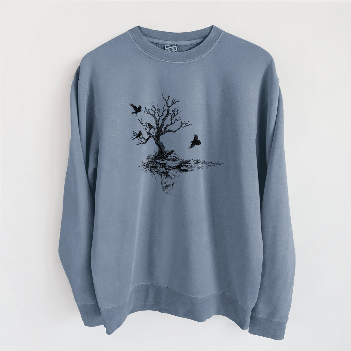 Twisted Tree with Ravens - Unisex Pigment Dyed Crew Sweatshirt in Slate Blue