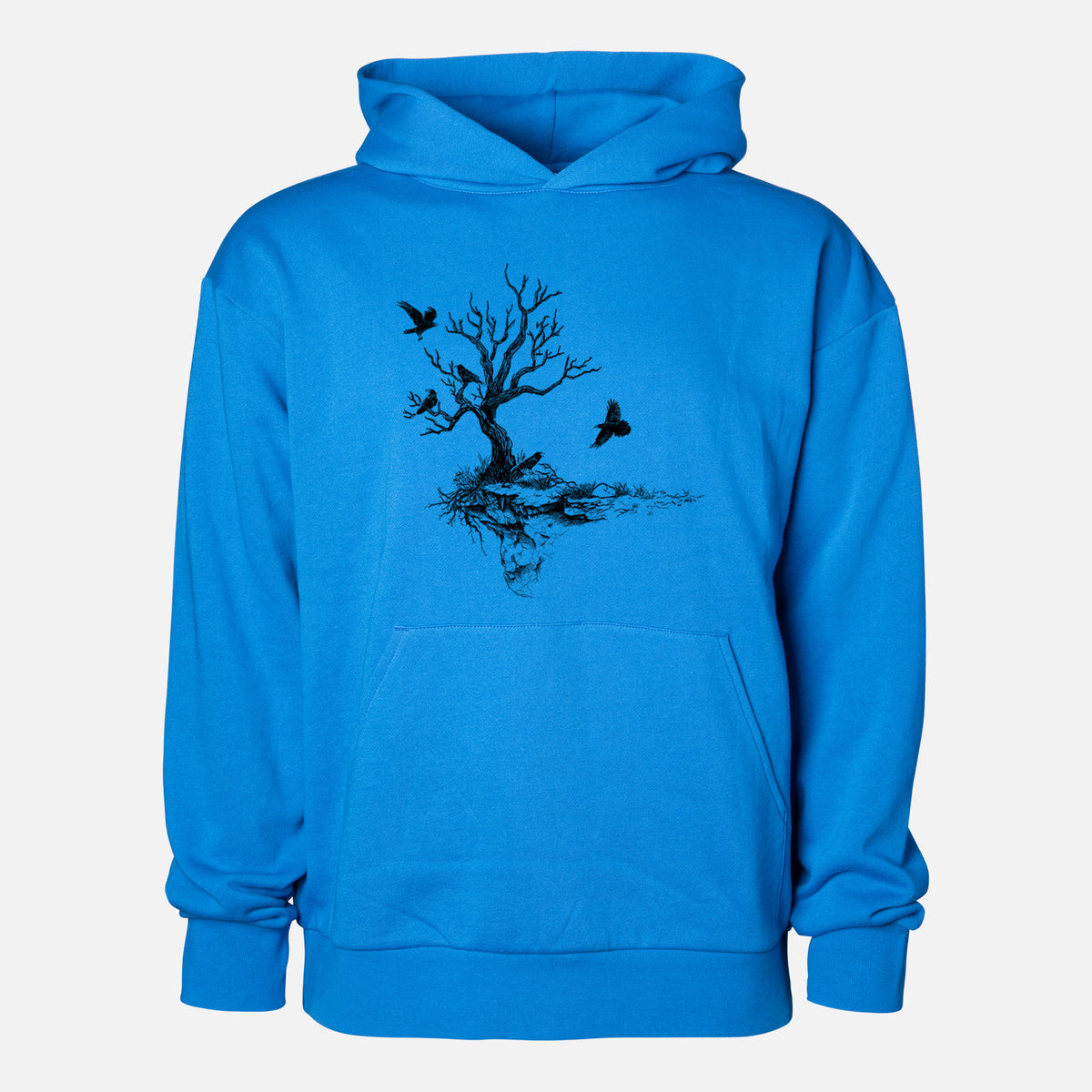 Twisted Tree with Ravens - Statement Midweight Hoodie in Azure Blue, shown from the front with the design printed on the chest above a front kangaroo pocket.