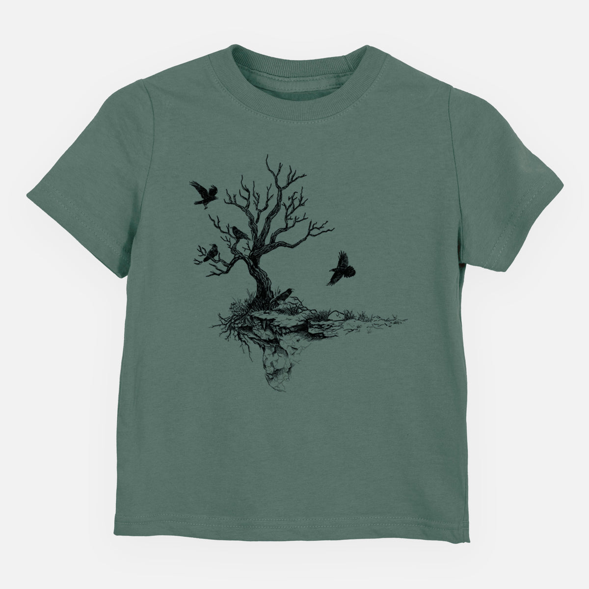 Basil green toddler t-shirt laid flat, printed with a black ink illustration of a bare twisted tree on a small island with ravens flying around it.