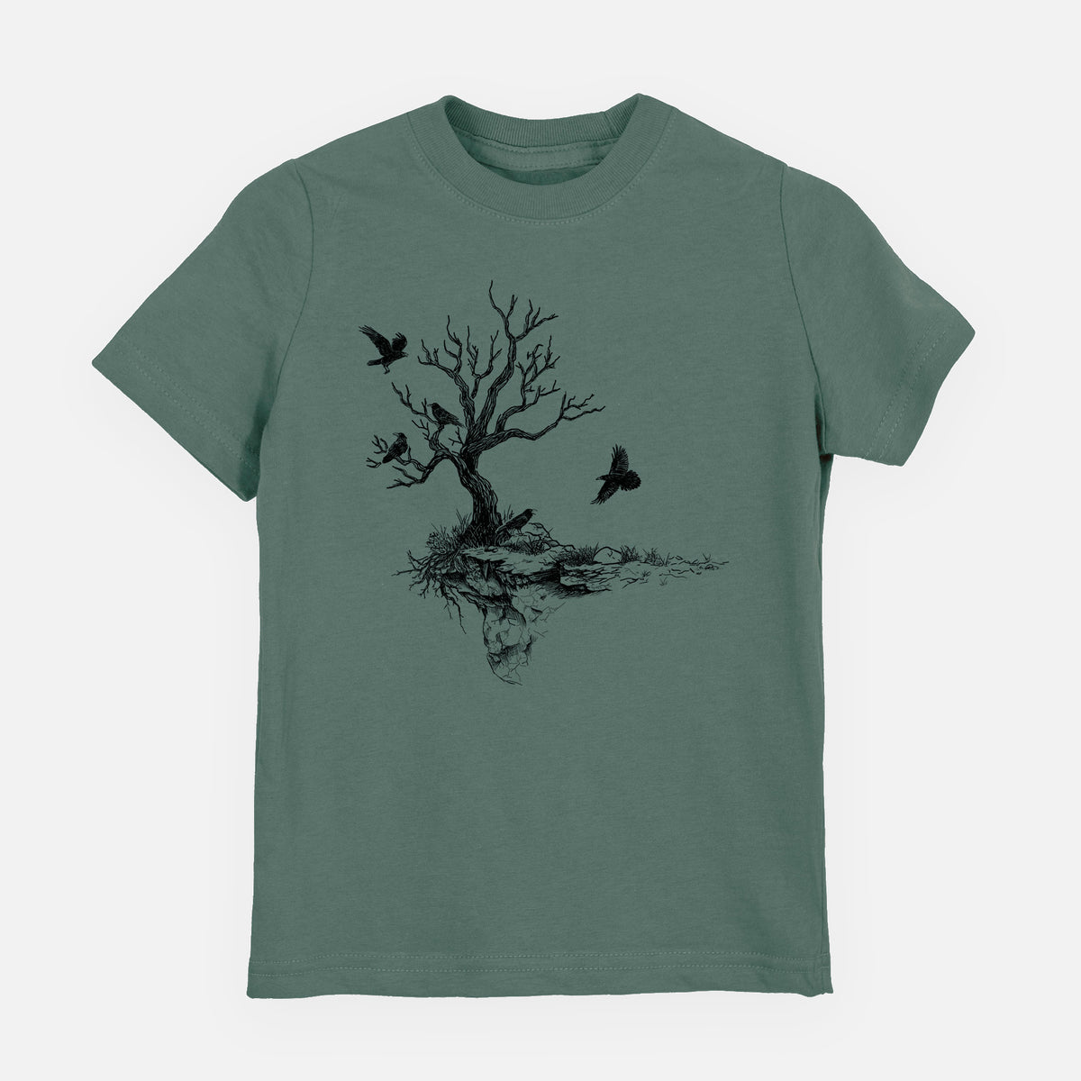 Basil green youth t-shirt laid flat, printed with a black ink illustration of a bare twisted tree on a small island with ravens flying around it.