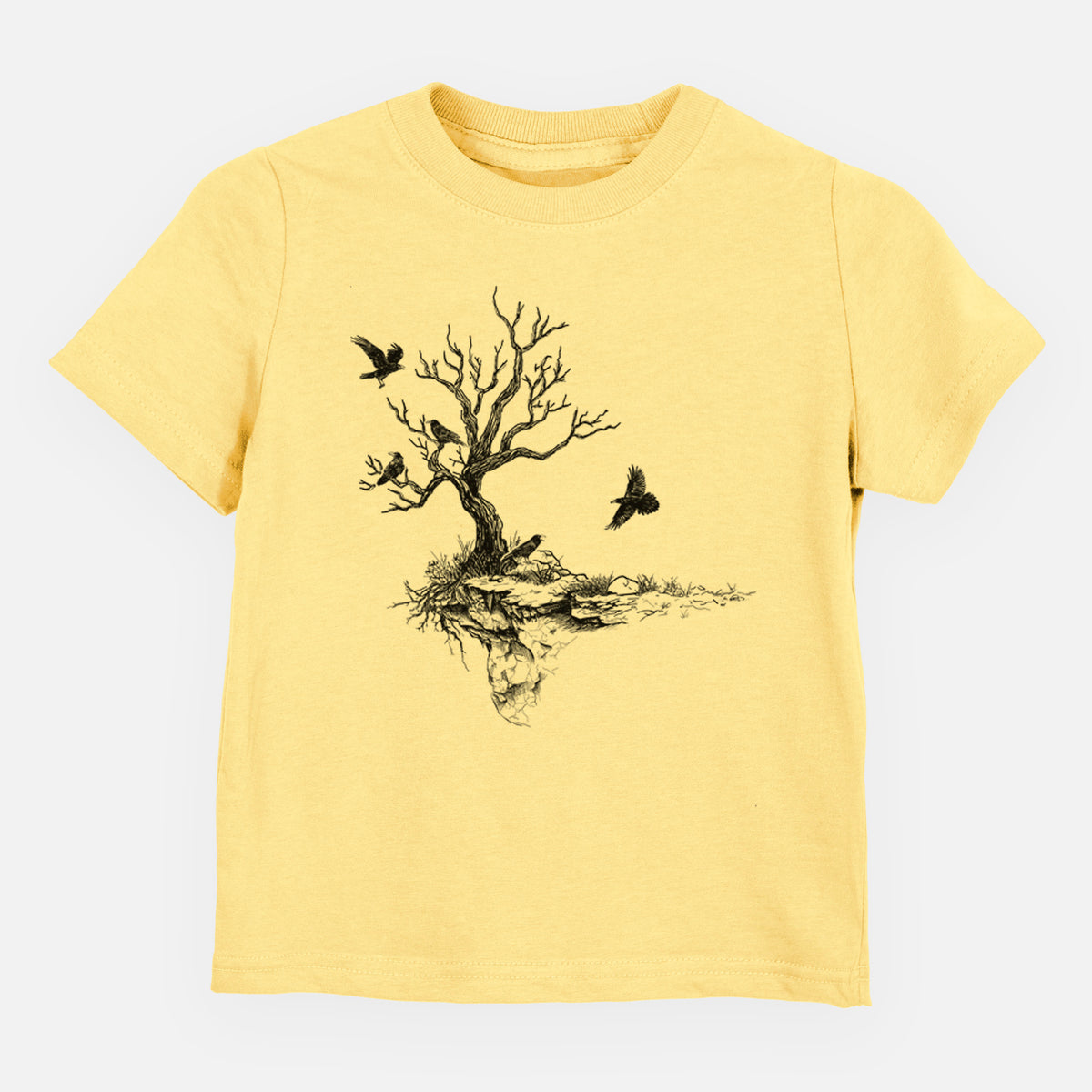 Butter yellow toddler t-shirt laid flat, printed with a black ink illustration of a bare twisted tree on a small island with ravens flying around it.