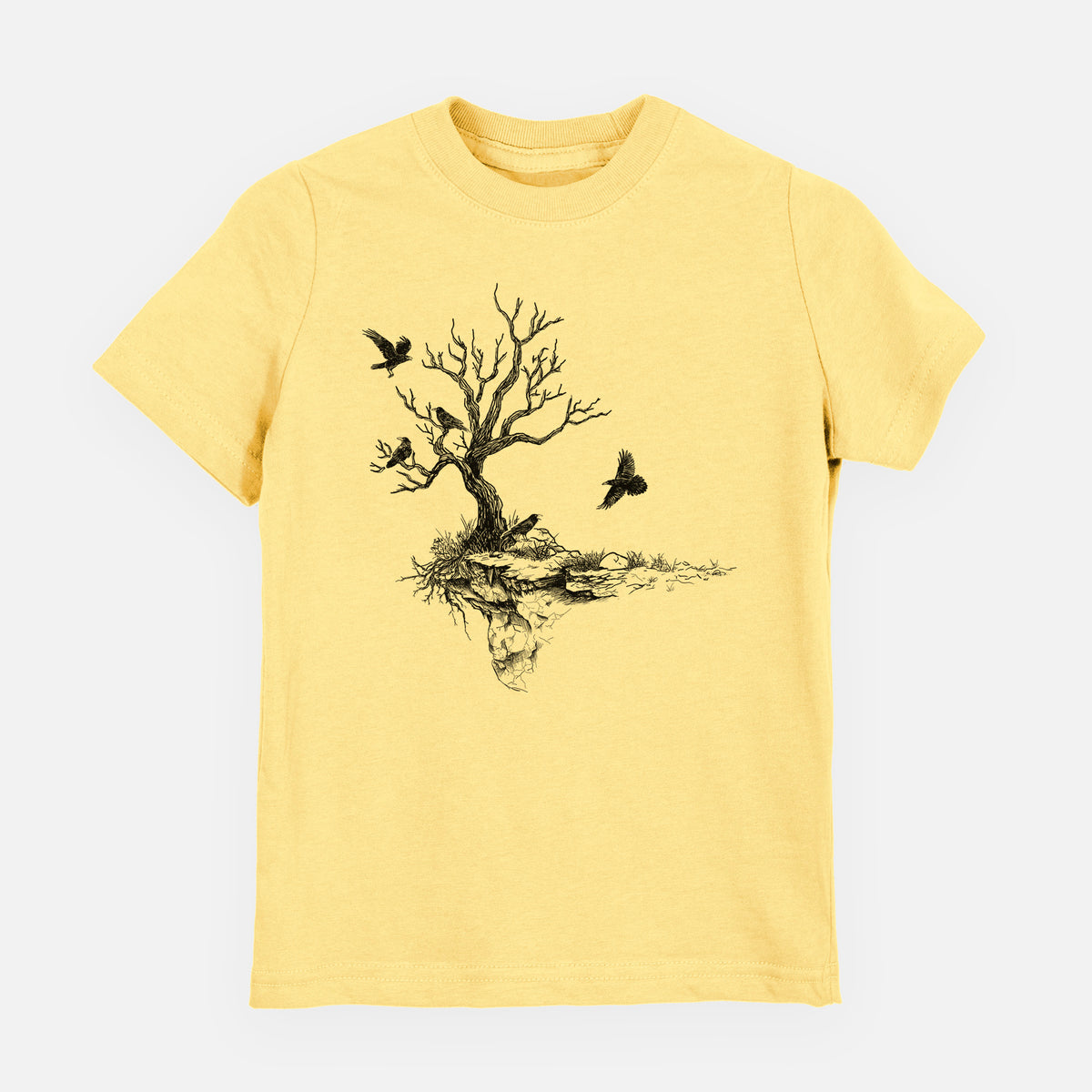 Butter yellow youth t-shirt laid flat, printed with a black ink illustration of a bare twisted tree on a small island with ravens flying around it.