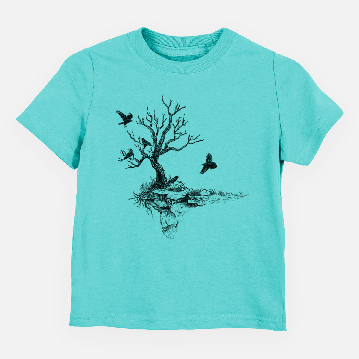 Caribbean blue toddler t-shirt laid flat, printed with a black ink illustration of a bare twisted tree on a small island with ravens flying around it.