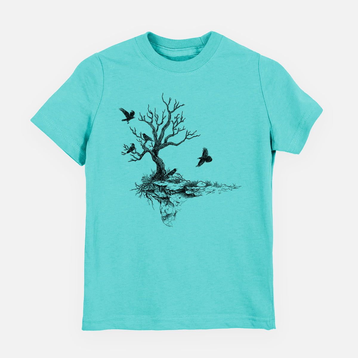 Caribbean blue youth t-shirt laid flat, printed with a black ink illustration of a bare twisted tree on a small island with ravens flying around it.