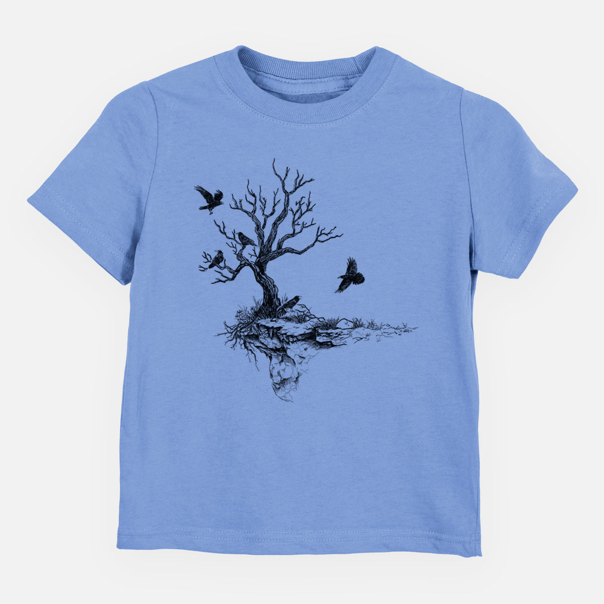 Carolina blue toddler t-shirt laid flat, printed with a black ink illustration of a bare twisted tree on a small island with ravens flying around it.