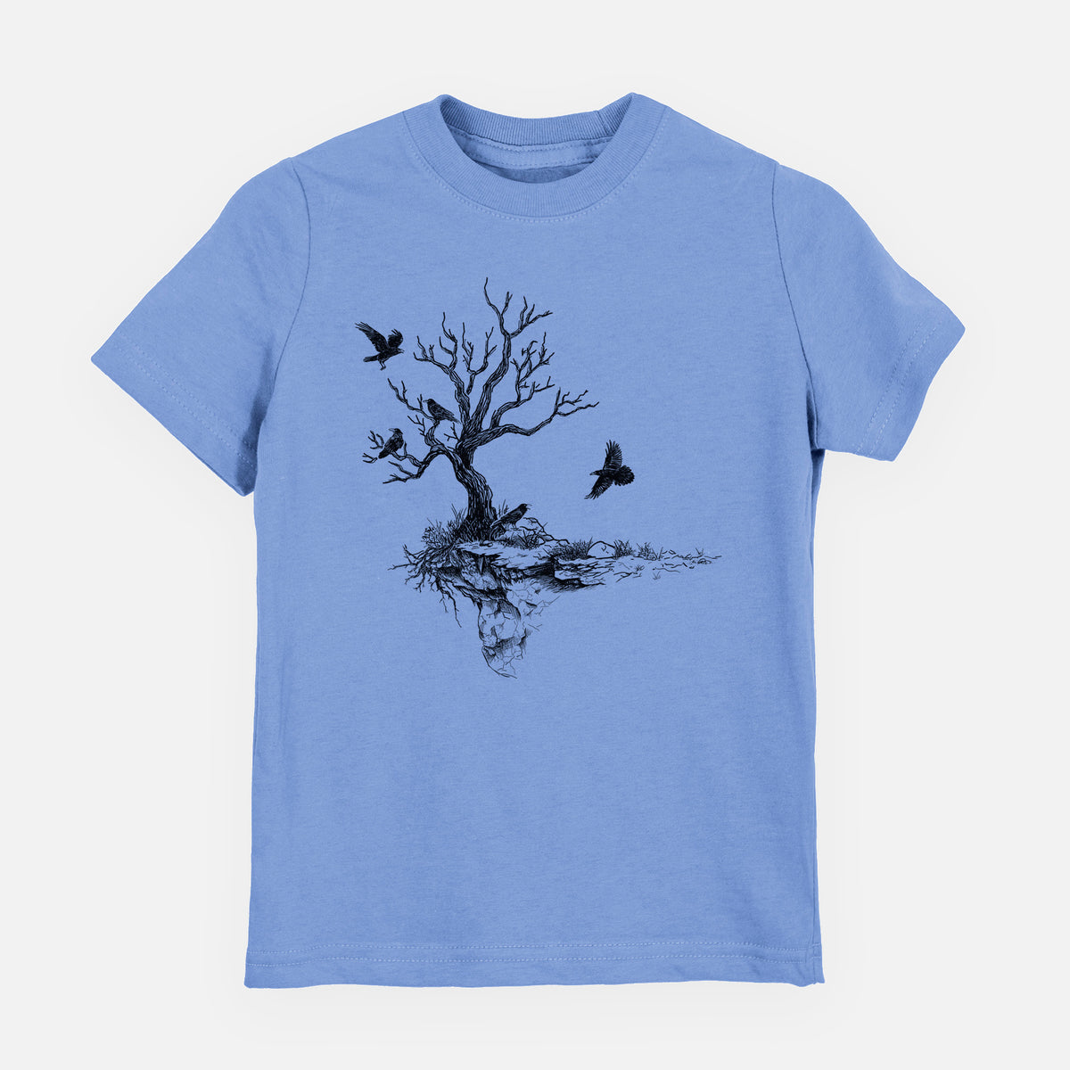 Carolina blue youth t-shirt laid flat, printed with a black ink illustration of a bare twisted tree on a small island with ravens flying around it.