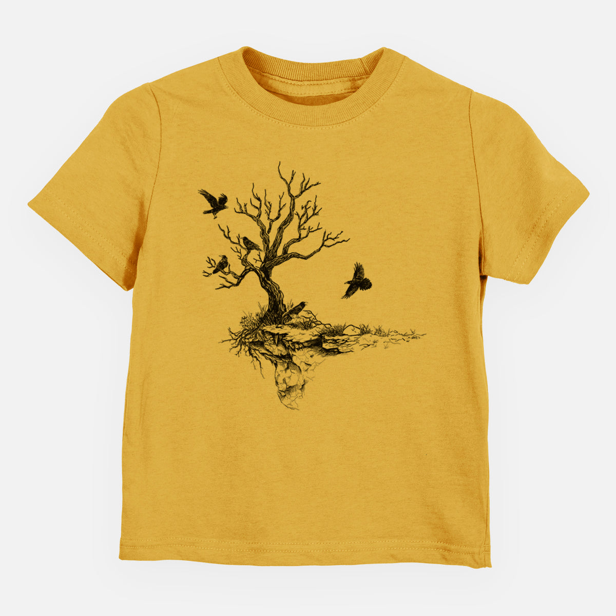 Honeycomb yellow toddler t-shirt laid flat, printed with a black ink illustration of a bare twisted tree on a small island with ravens flying around it.