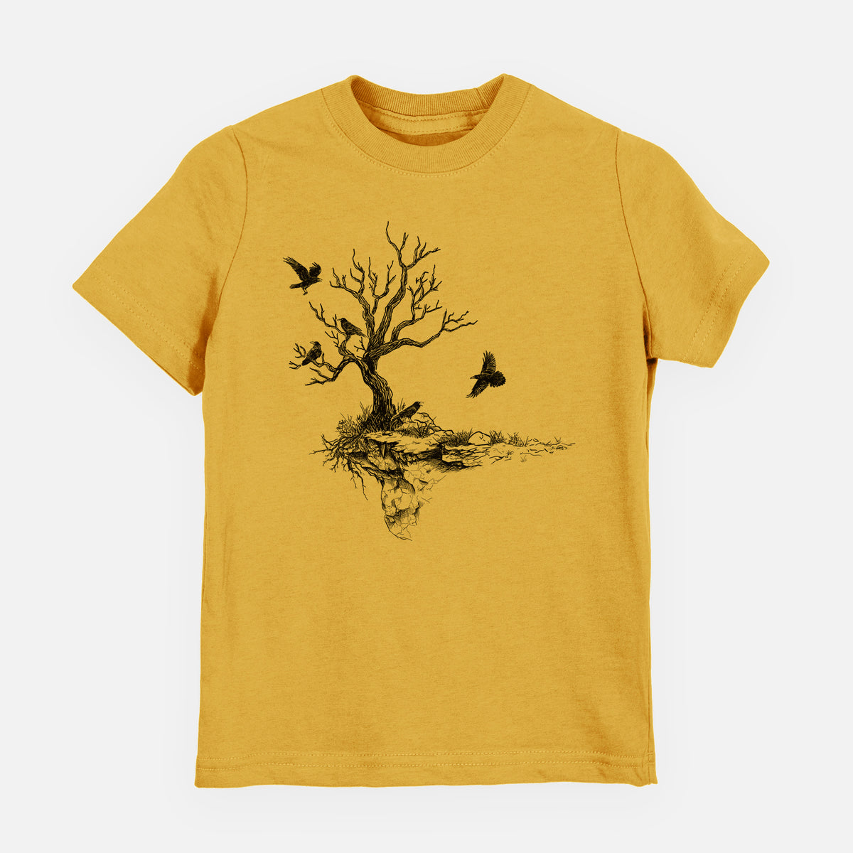 Honeycomb yellow youth t-shirt laid flat, printed with a black ink illustration of a bare twisted tree on a small island with ravens flying around it.