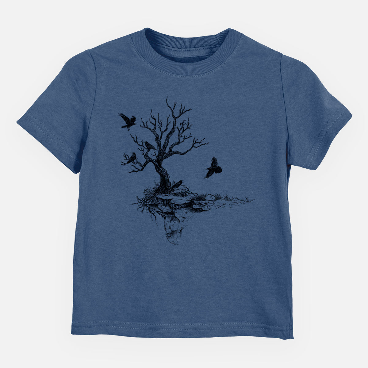 Indigo blue toddler t-shirt laid flat, printed with a black ink illustration of a bare twisted tree on a small island with ravens flying around it.