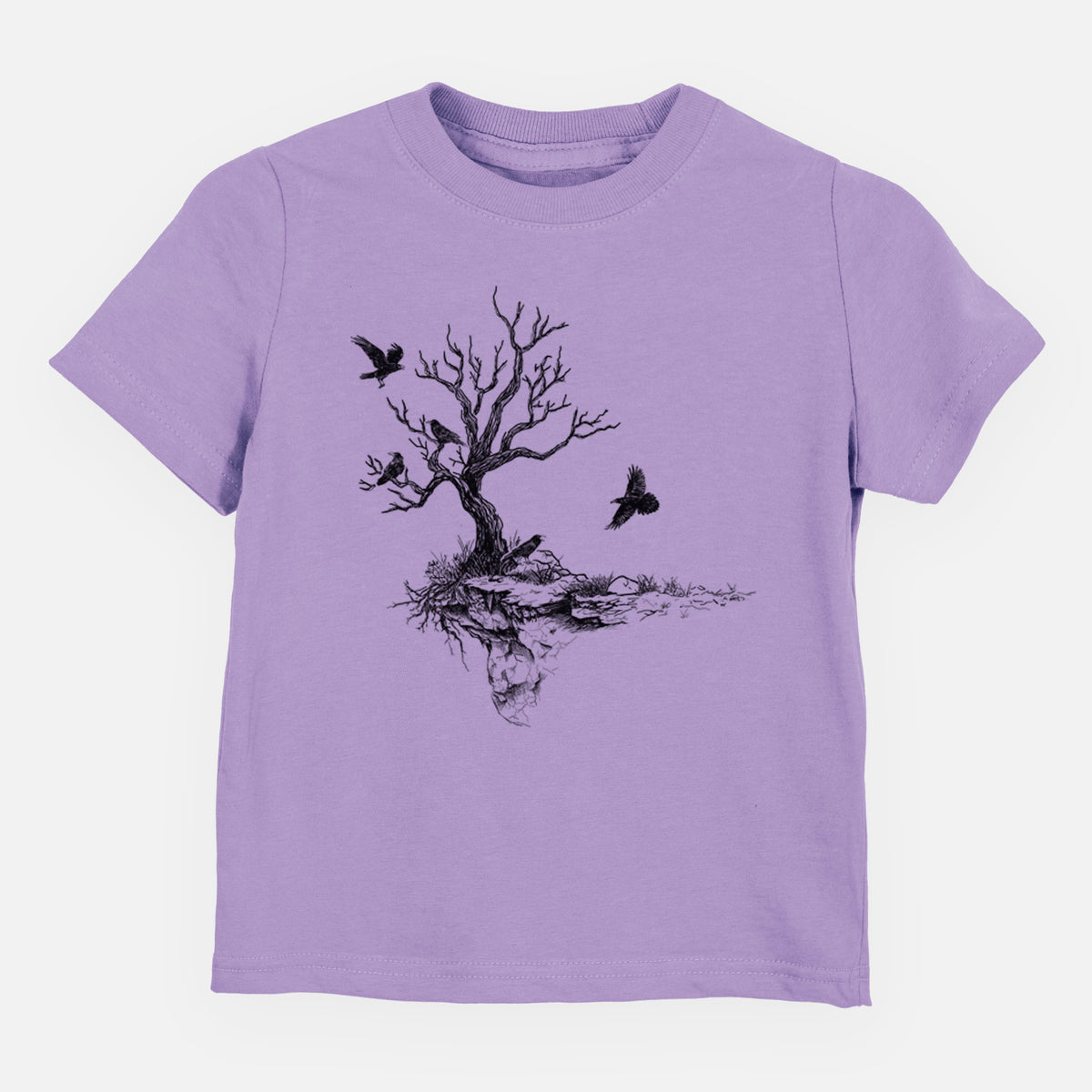 Lavender toddler t-shirt laid flat, printed with a black ink illustration of a bare twisted tree on a small island with ravens flying around it.