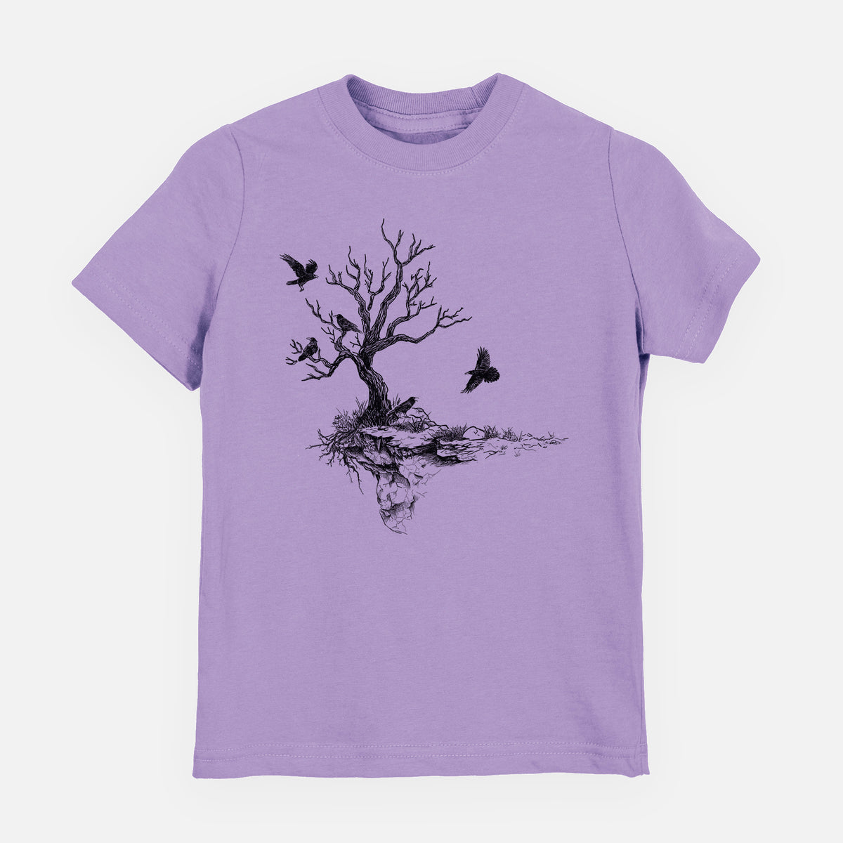 Lavender youth t-shirt laid flat, printed with a black ink illustration of a bare twisted tree on a small island with ravens flying around it.