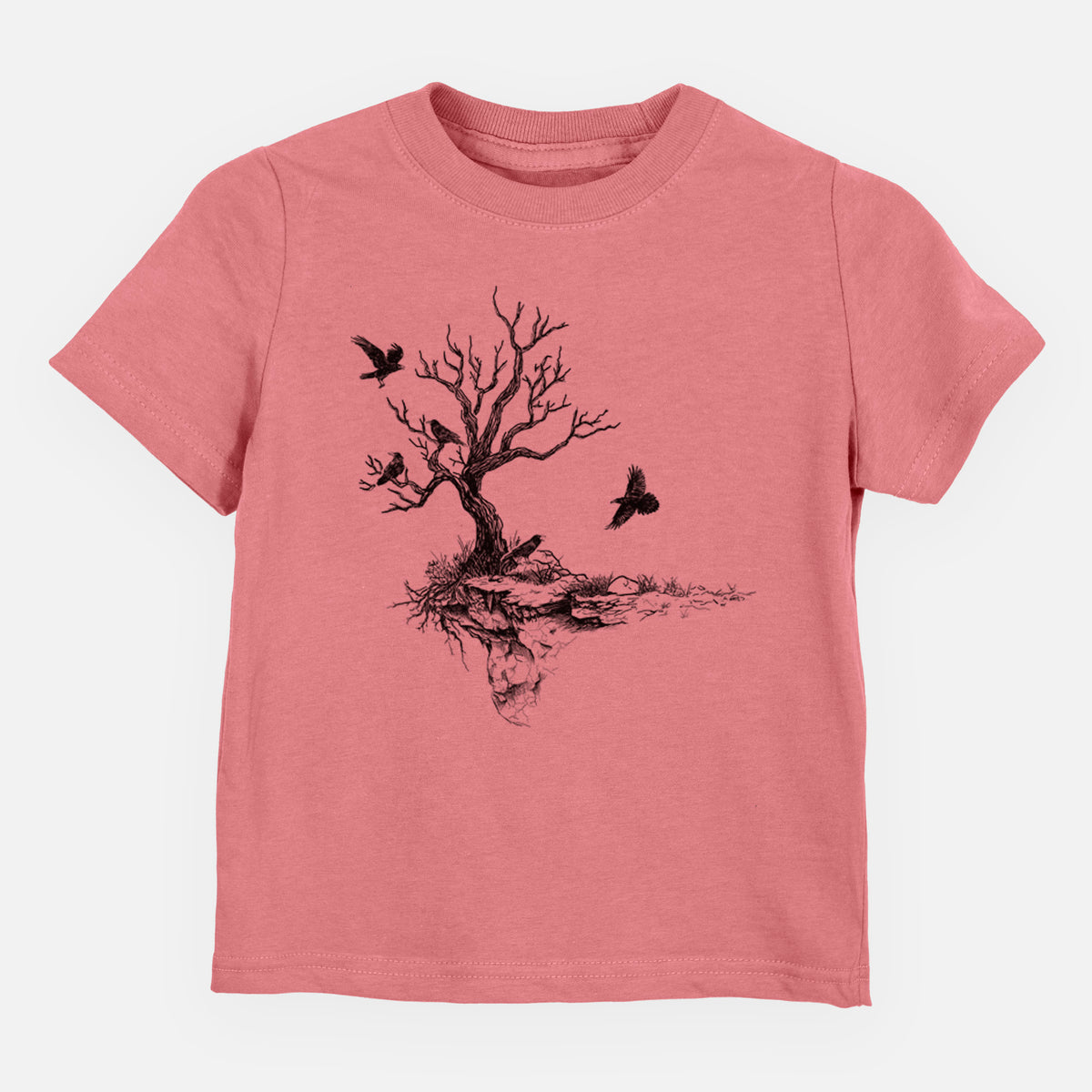 Mauve pink toddler t-shirt laid flat, printed with a black ink illustration of a bare twisted tree on a small island with ravens flying around it.