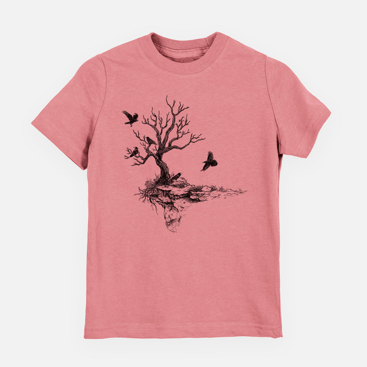 Mauve pink youth t-shirt laid flat, printed with a black ink illustration of a bare twisted tree on a small island with ravens flying around it.