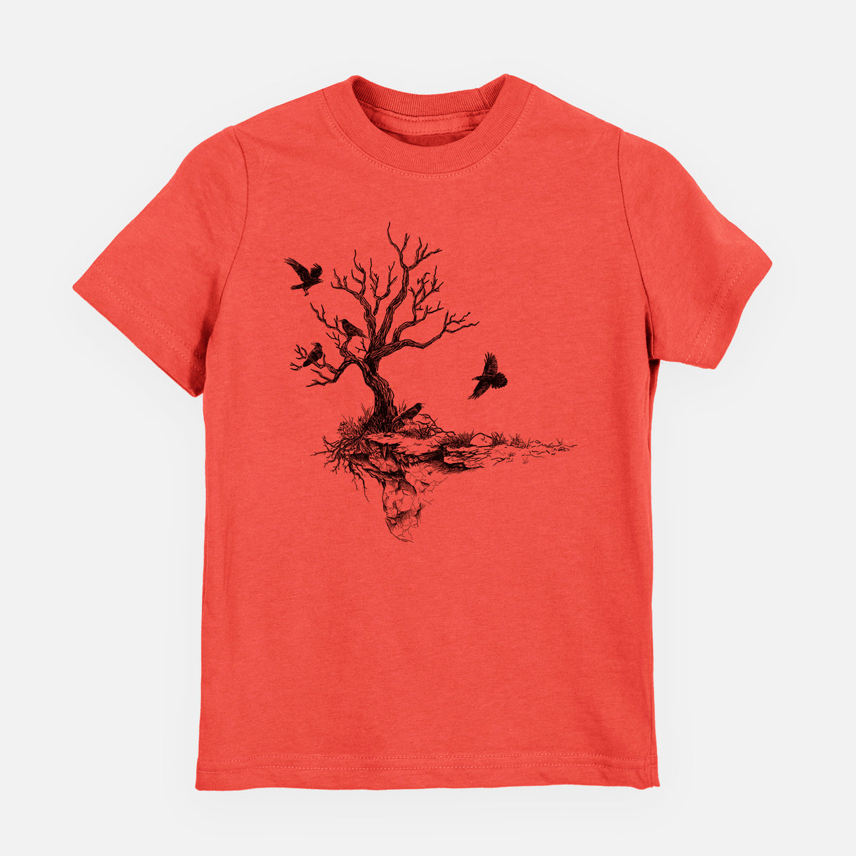 Passionfruit pink youth t-shirt laid flat, printed with a black ink illustration of a bare twisted tree on a small island with ravens flying around it.