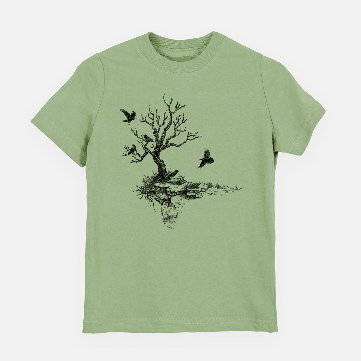 Sage green youth t-shirt laid flat, printed with a black ink illustration of a bare twisted tree on a small island with ravens flying around it.