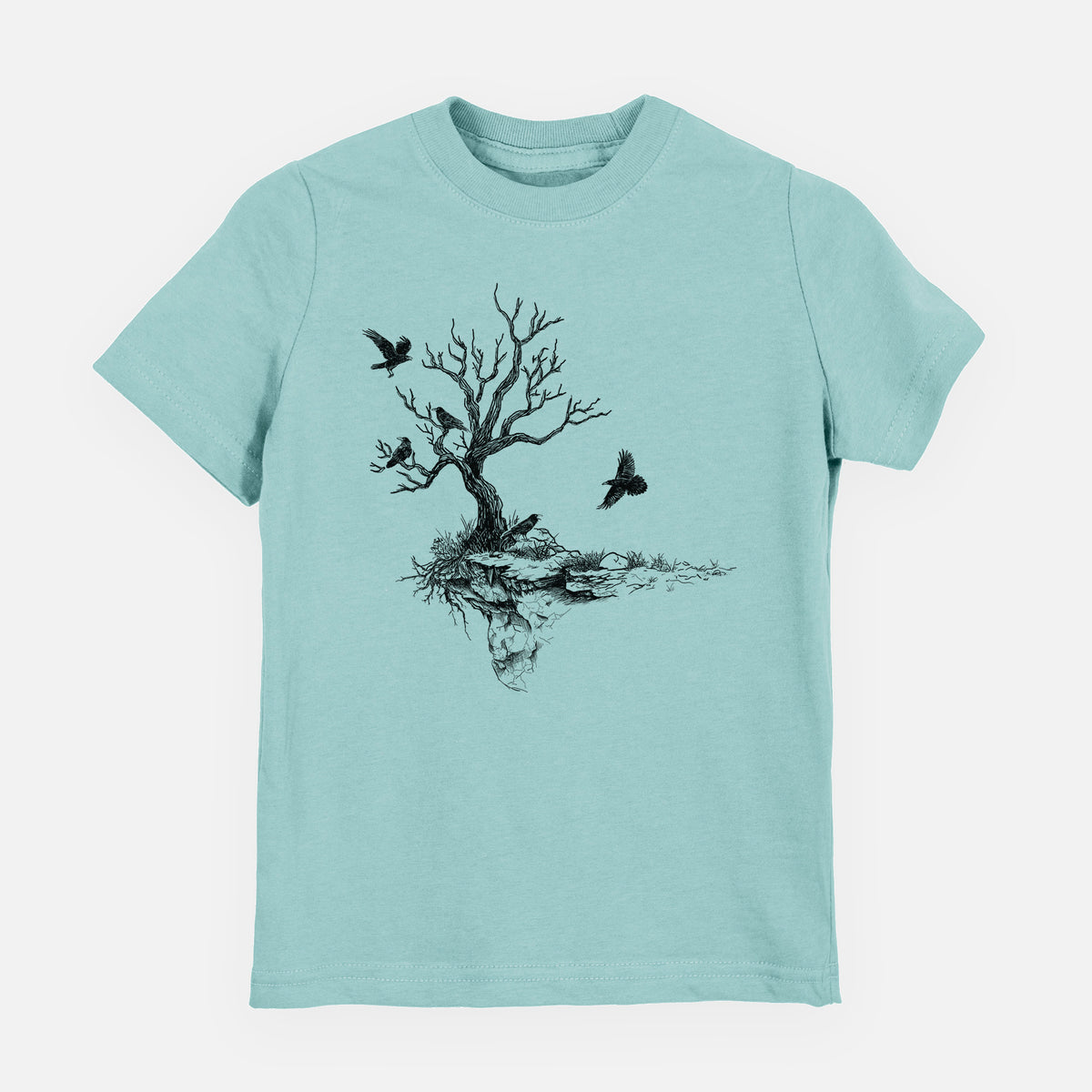 Saltwater youth t-shirt laid flat, printed with a black ink illustration of a bare twisted tree on a small island with ravens flying around it.